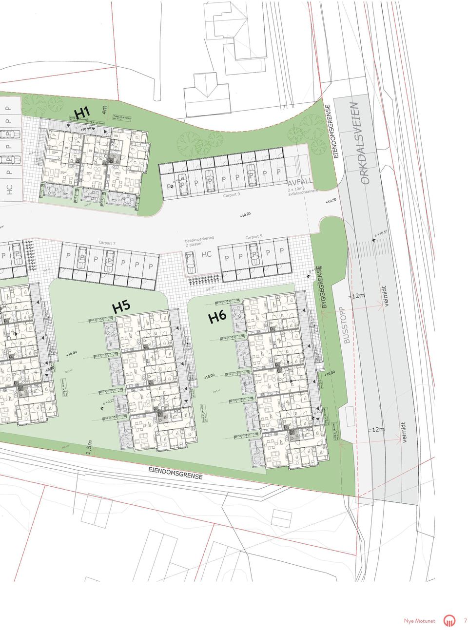 /gard 8,5,9, 0,9 balkong,9,0 Carport 9 +0,50 +0,0 8,5 Carport 7 besøksparkering plasser HC Carport 5 e +0,49 e +0,57 veiidt 0 gulv /gard,0 TYE (-ros) BR 68,0 9 x 5 = 870 H5 /gard,0,7 H6,9 8,5 /gard,0