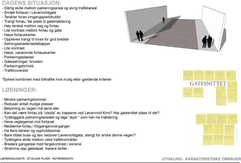 fortauskanter - Parkeringsplasser - Gatesetninger, brostein - Parkeringsforhold - Trafikkoversikt *Sykkel kombinert med biltrafikk hvis mulig etter gjeldende kriterier LØSNINGER: - Mindre