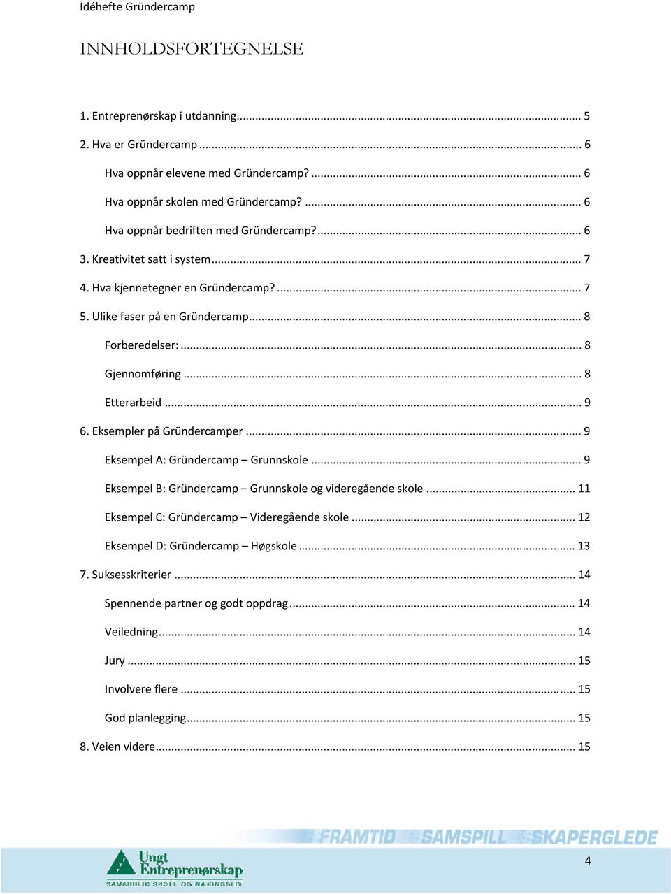 .. 8 Gjennomføring... 8 Etterarbeid... 9 6. Eksempler på Gründercamper... 9 Eksempel A: Gründercamp Grunnskole... 9 Eksempel B: Gründercamp Grunnskole og videregående skole.