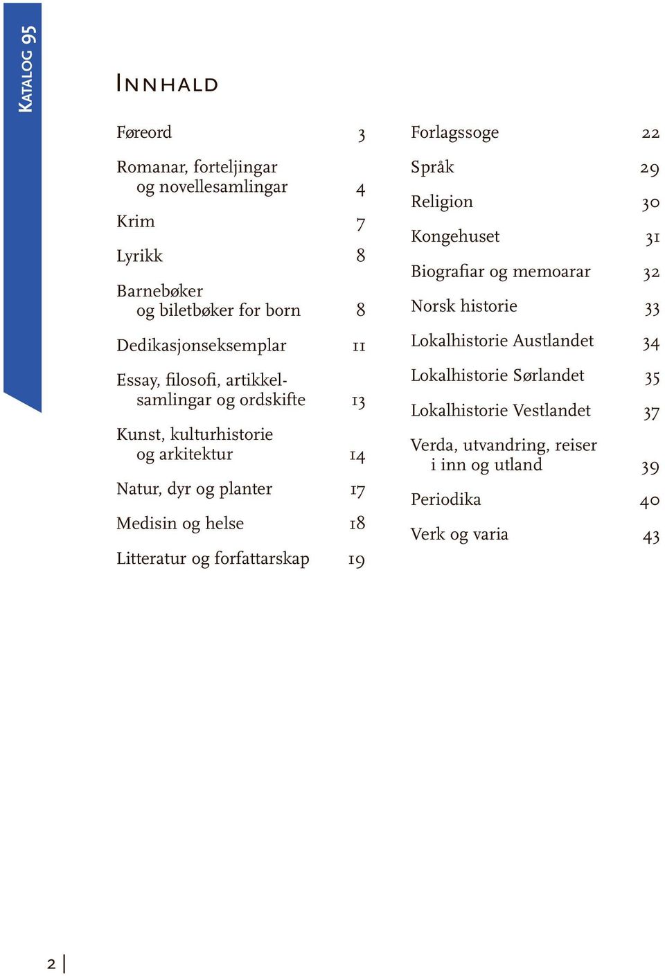 Medisin og helse 18 Litteratur og forfattarskap 19 Språk 29 Religion 30 Kongehuset 31 Biografiar og memoarar 32 Norsk historie 33