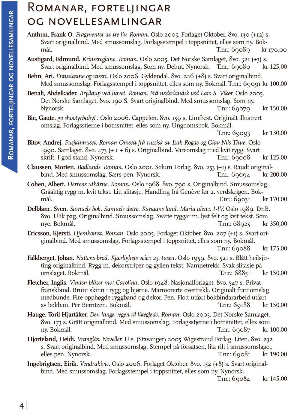 Svart originalbind. Med smussomslag. Som ny. Debut. Nynorsk. T.nr.: 69080 kr 125,00 Behn, Ari. Entusiasme og raseri. Oslo 2006. Gyldendal. 8vo. 226 (+8) s. Svart originalbind. Med smussomslag. Forlagsstempel i toppsnittet, elles som ny.