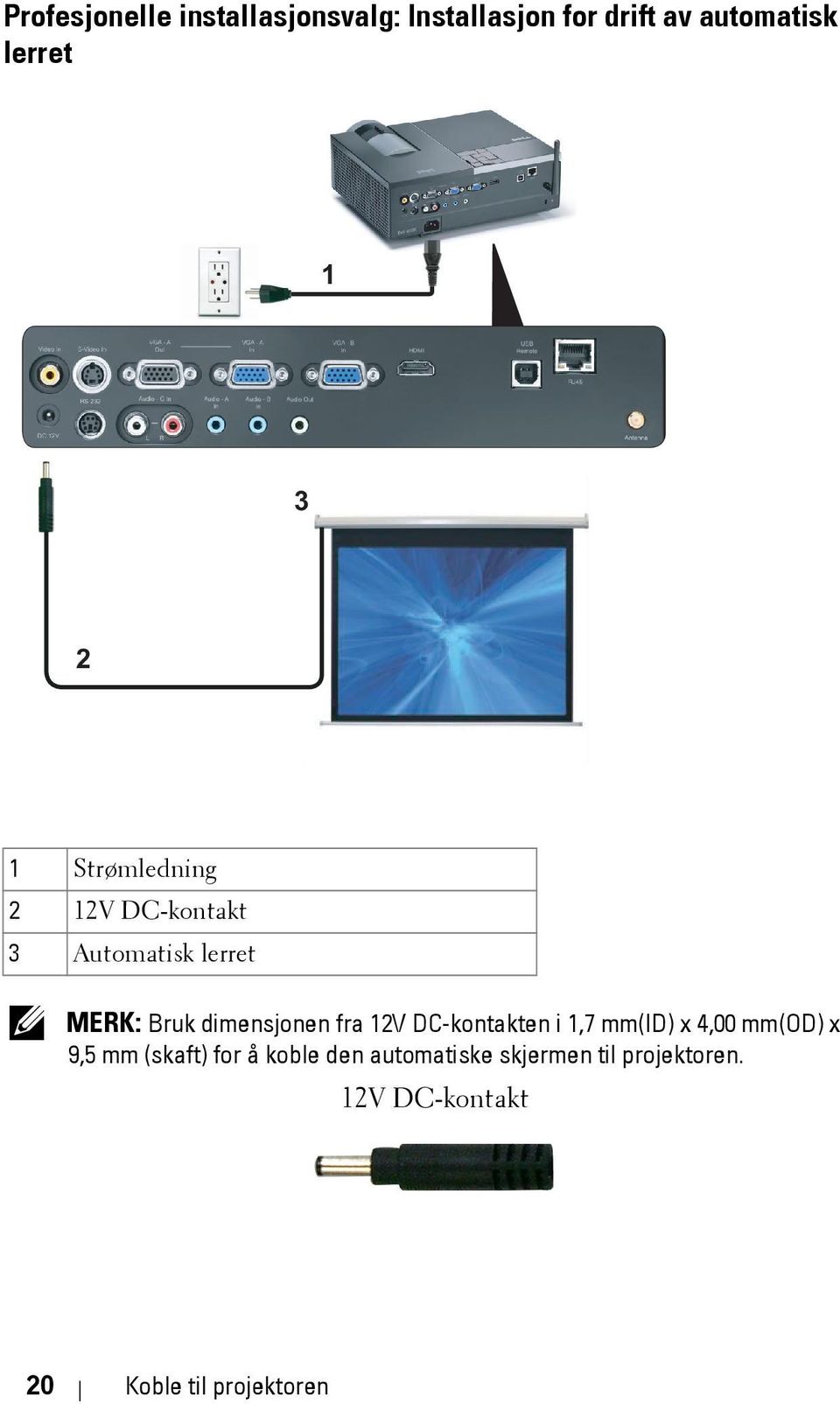 fra 12V DC-kontakten i 1,7 mm(id) x 4,00 mm(od) x 9,5 mm (skaft) for å koble