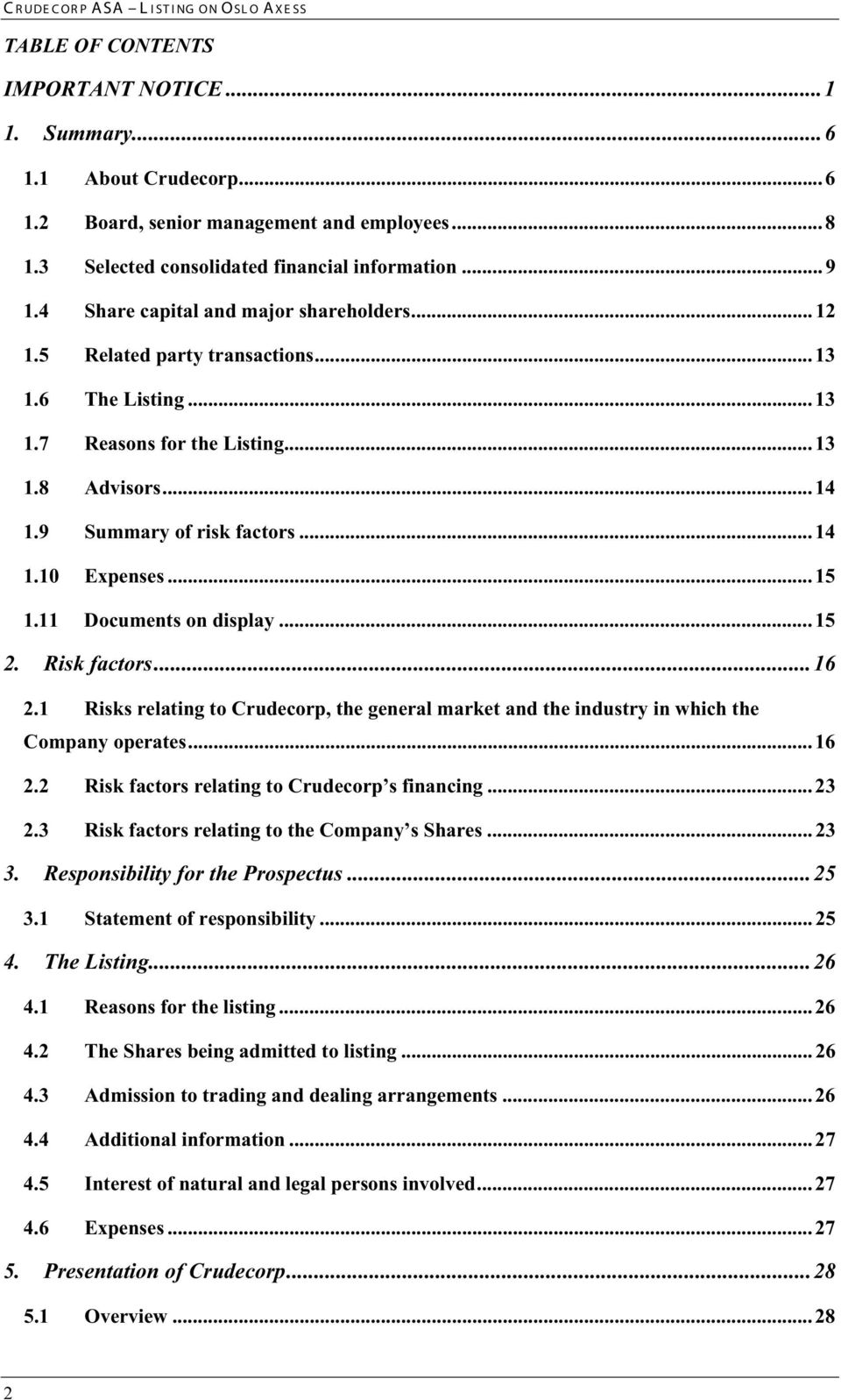 .. 15 1.11 Documents on display... 15 2. Risk factors...16 2.1 Risks relating to Crudecorp, the general market and the industry in which the Company operates... 16 2.