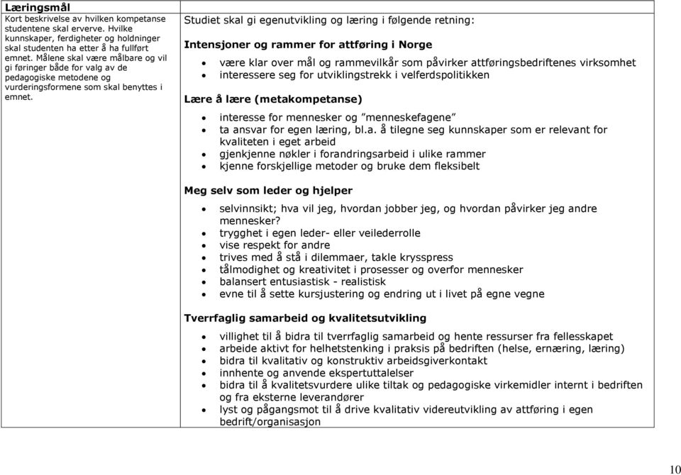 Studiet skal gi egenutvikling og læring i følgende retning: Intensjoner og rammer for attføring i Norge være klar over mål og rammevilkår som påvirker attføringsbedriftenes virksomhet interessere seg