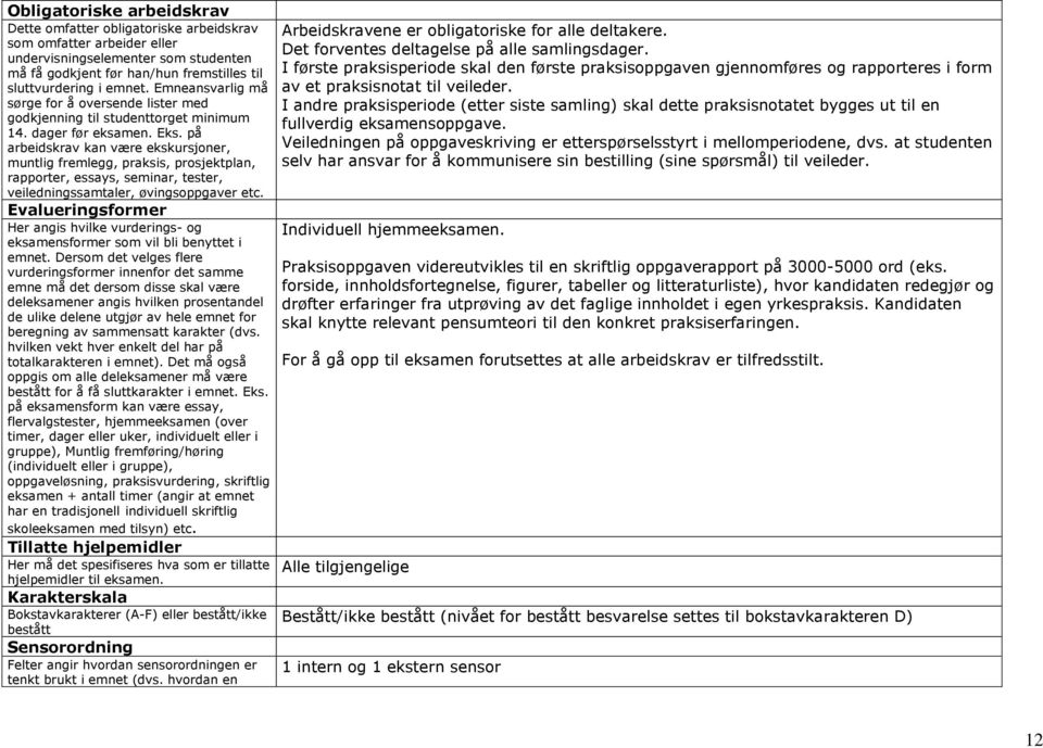 på arbeidskrav kan være ekskursjoner, muntlig fremlegg, praksis, prosjektplan, rapporter, essays, seminar, tester, veiledningssamtaler, øvingsoppgaver etc.