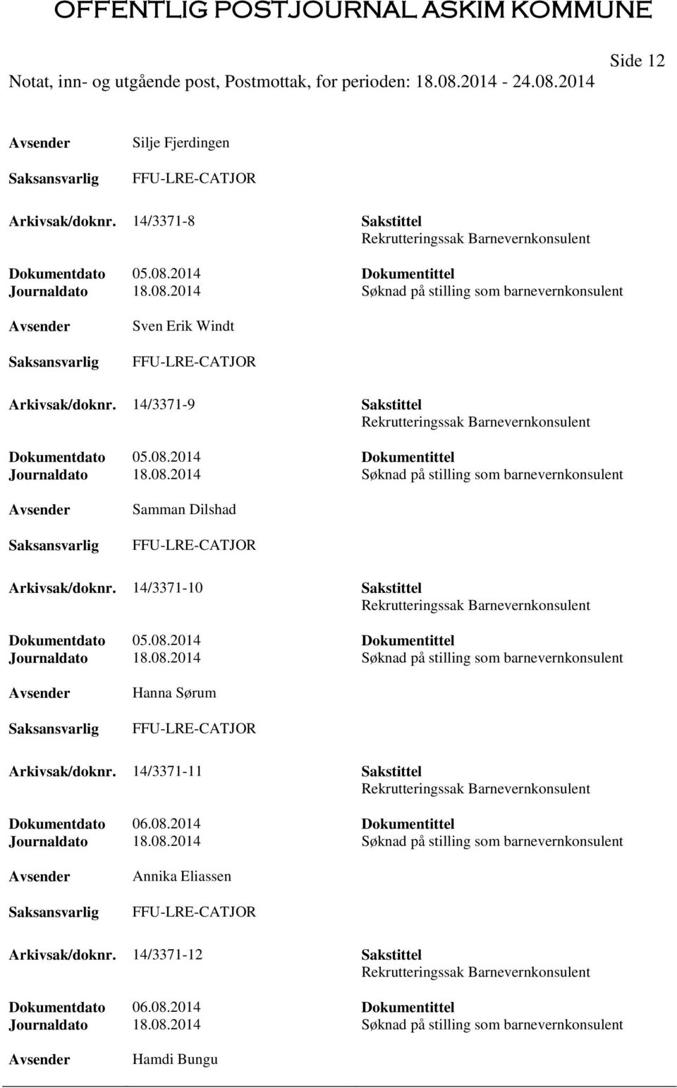 14/3371-10 Sakstittel Rekrutteringssak Barnevernkonsulent Dokumentdato 05.08.2014 Dokumentittel Journaldato 18.08.2014 Søknad på stilling som barnevernkonsulent Hanna Sørum Arkivsak/doknr.