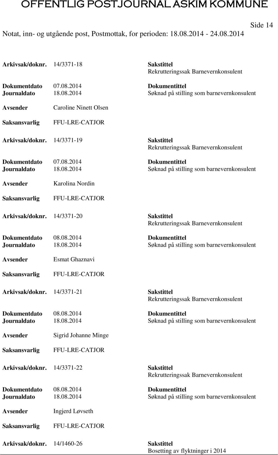 14/3371-20 Sakstittel Rekrutteringssak Barnevernkonsulent Dokumentdato 08.08.2014 Dokumentittel Journaldato 18.08.2014 Søknad på stilling som barnevernkonsulent Esmat Ghaznavi Arkivsak/doknr.