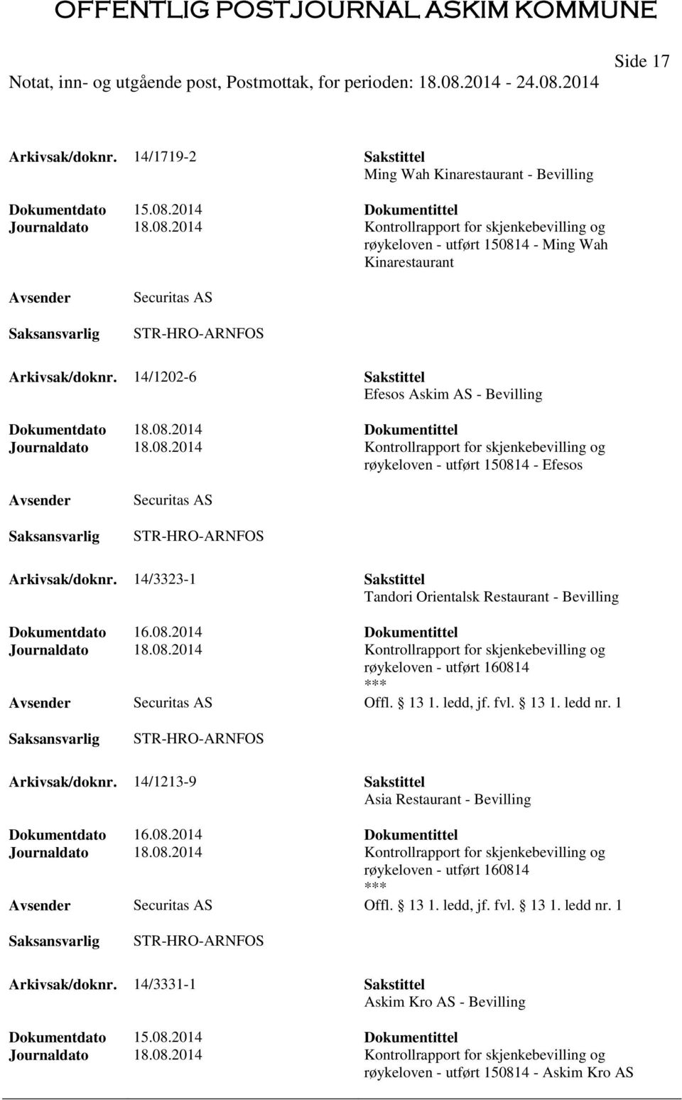 14/1202-6 Sakstittel Efesos Askim AS - Bevilling Journaldato 18.08.2014 Kontrollrapport for skjenkebevilling og røykeloven - utført 150814 - Efesos Securitas AS STR-HRO-ARNFOS Arkivsak/doknr.