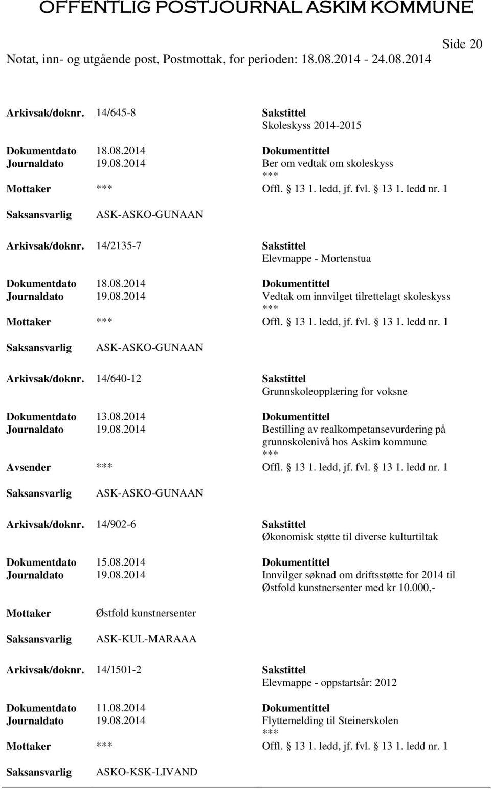 14/640-12 Sakstittel Grunnskoleopplæring for voksne Dokumentdato 13.08.2014 Dokumentittel Journaldato 19.08.2014 Bestilling av realkompetansevurdering på grunnskolenivå hos Askim kommune Offl. 13 1.