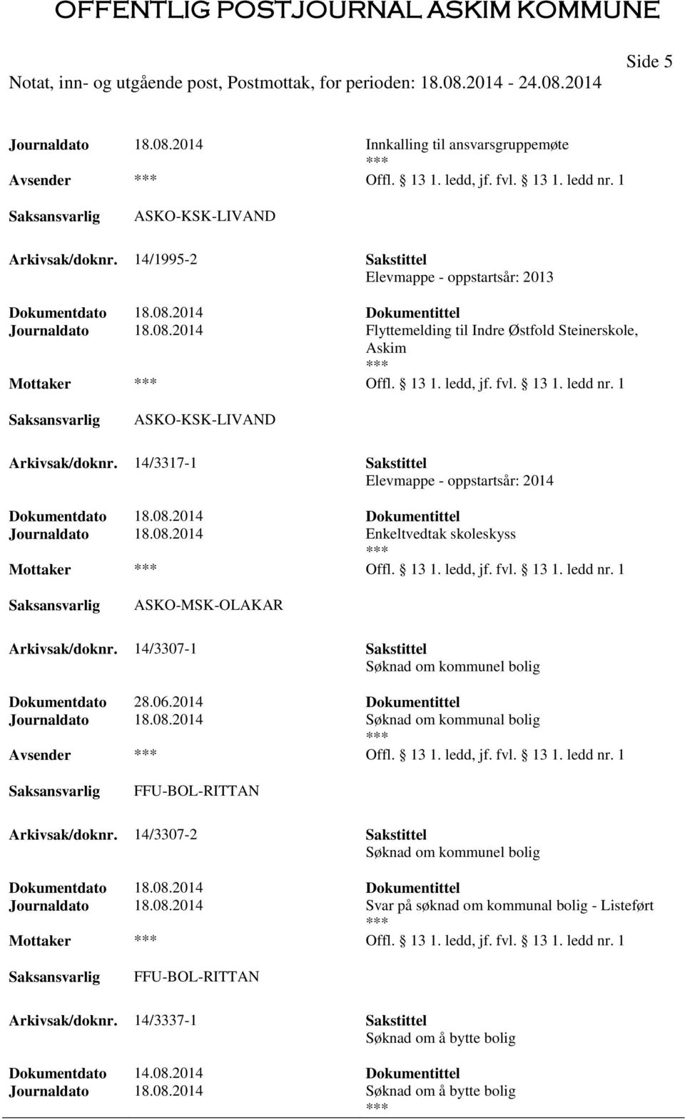 1 ASKO-KSK-LIVAND Arkivsak/doknr. 14/3317-1 Sakstittel Elevmappe - oppstartsår: 2014 Journaldato 18.08.2014 Enkeltvedtak skoleskyss Mottaker Offl. 13 1. ledd, jf. fvl. 13 1. ledd nr.