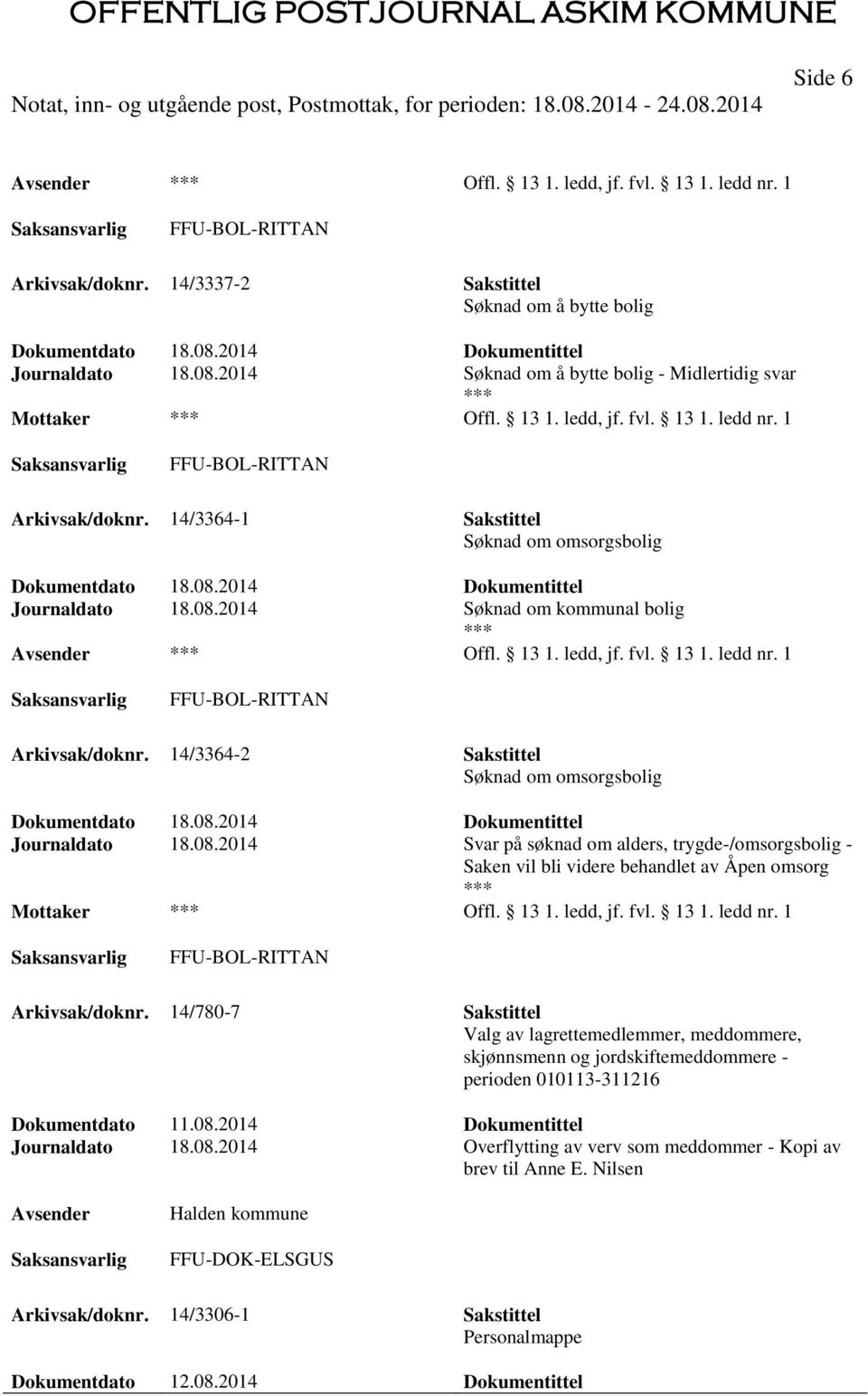 2014 Søknad om kommunal bolig Offl. 13 1. ledd, jf. fvl. 13 1. ledd nr. 1 FFU-BOL-RITTAN Arkivsak/doknr. 14/3364-2 Sakstittel Søknad om omsorgsbolig Journaldato 18.08.