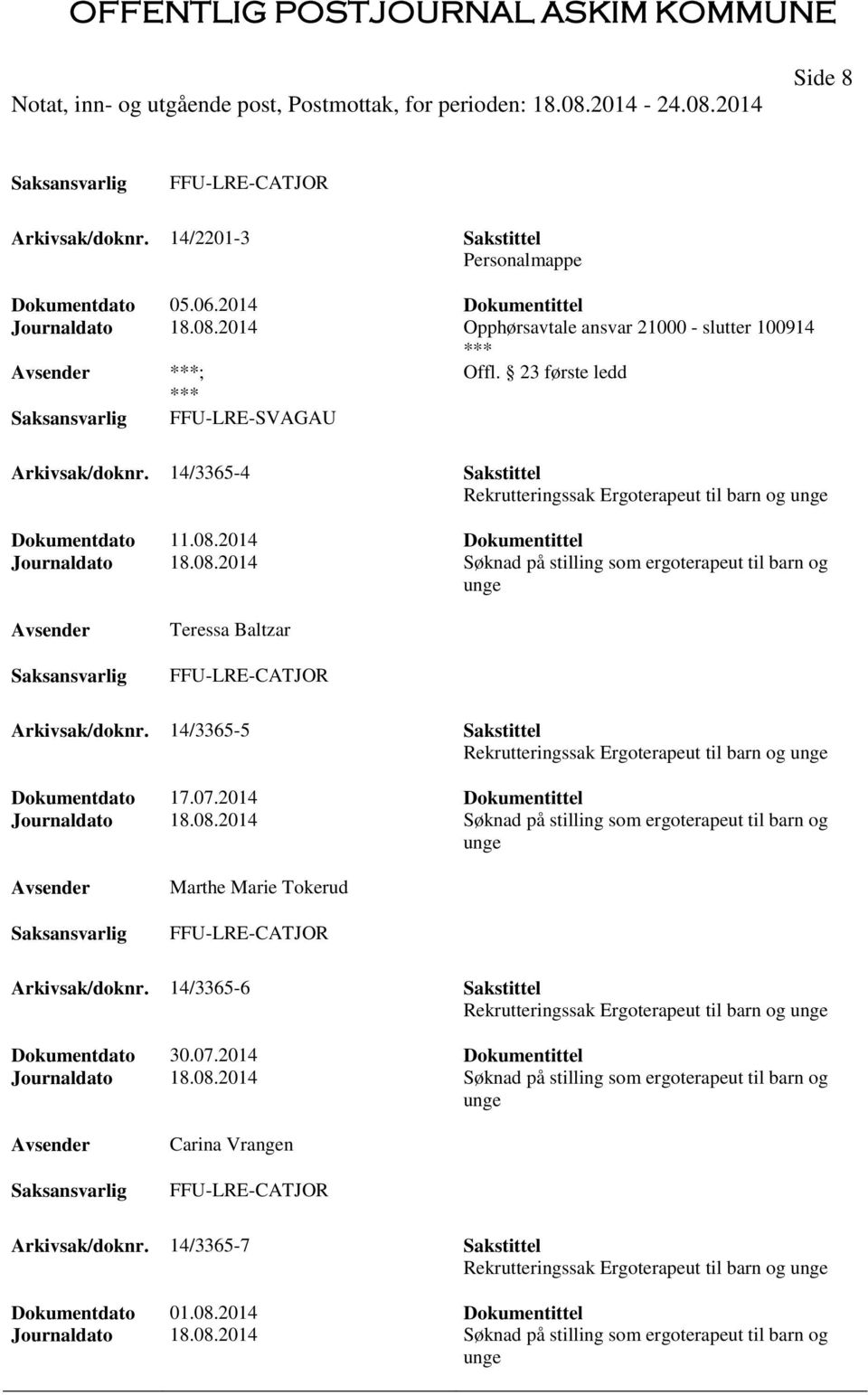 2014 Dokumentittel Journaldato 18.08.2014 Søknad på stilling som ergoterapeut til barn og unge Teressa Baltzar Arkivsak/doknr.