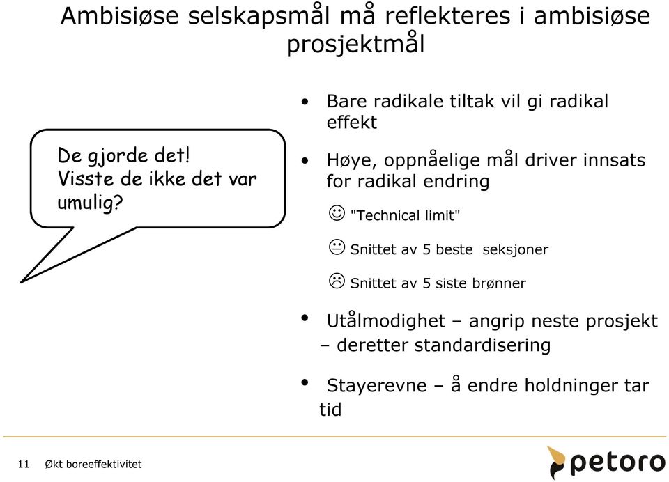 Bare radikale tiltak vil gi radikal effekt Høye, oppnåelige mål driver innsats for radikal