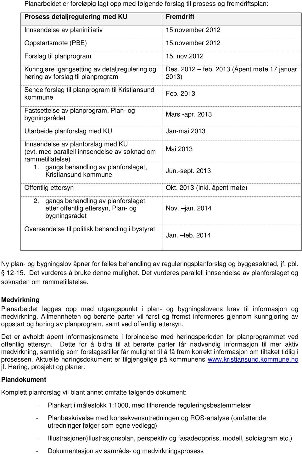 planprogram, Plan- og bygningsrådet 15. nov.2012 Des. 2012 feb. 2013 (Åpent møte 17 januar 2013) Feb. 2013 Mars -apr.