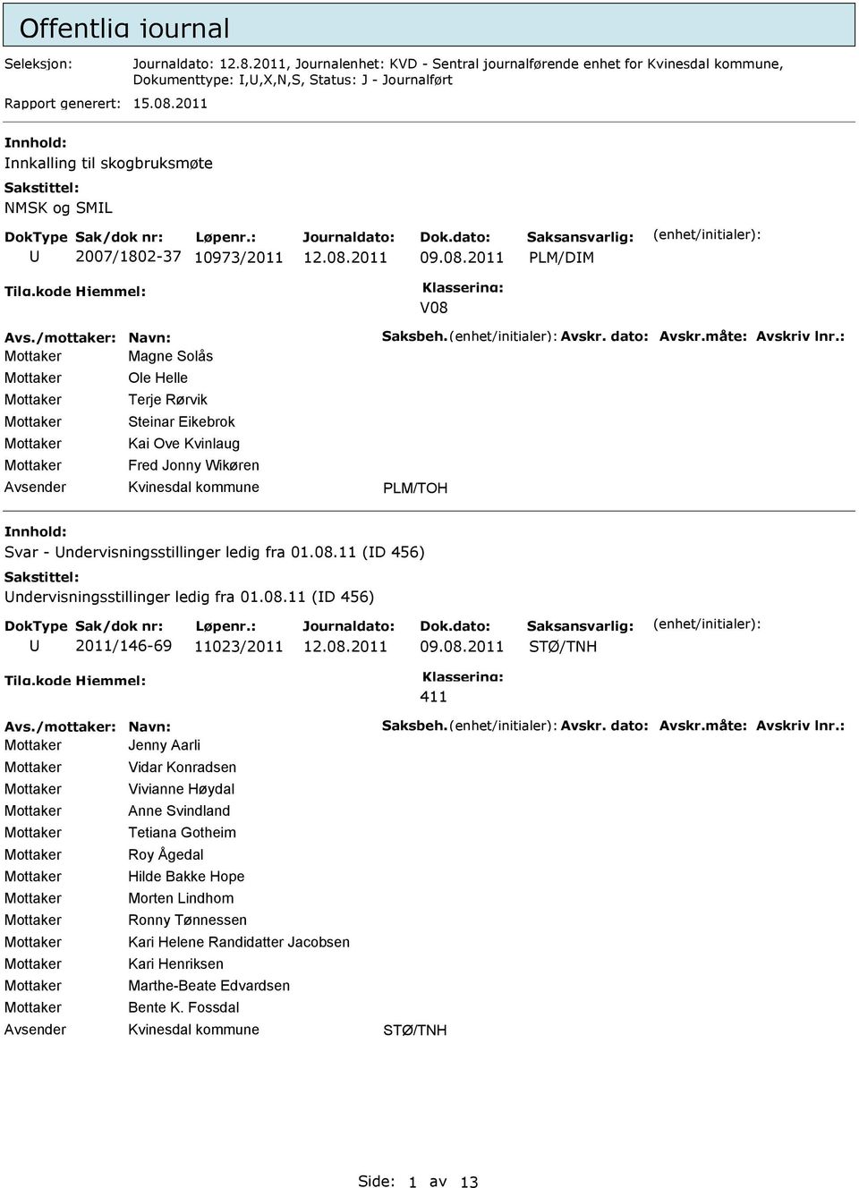 : Magne Solås Ole Helle Terje Rørvik Steinar Eikebrok Kai Ove Kvinlaug Fred Jonny Wikøren Svar - ndervisningsstillinger ledig fra 01.08.11 (D 456) ndervisningsstillinger ledig fra 01.08.11 (D 456) 2011/146-69 11023/2011 STØ/TNH 411 Avs.