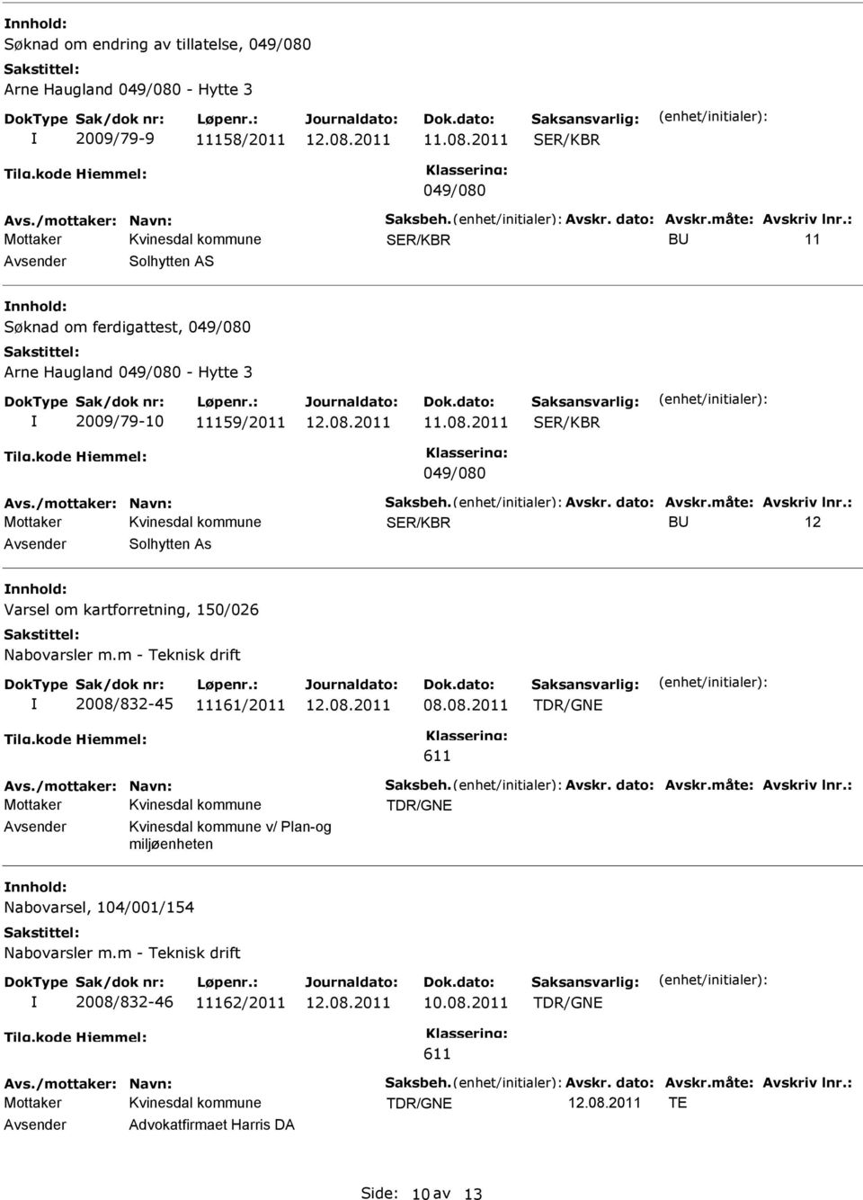 : B 12 Solhytten As Varsel om kartforretning, 150/026 Nabovarsler m.m - Teknisk drift 2008/832-45 11161/2011 08.08.2011 TDR/GNE 611 Avs./mottaker: Navn: Saksbeh. Avskr. dato: Avskr.måte: Avskriv lnr.