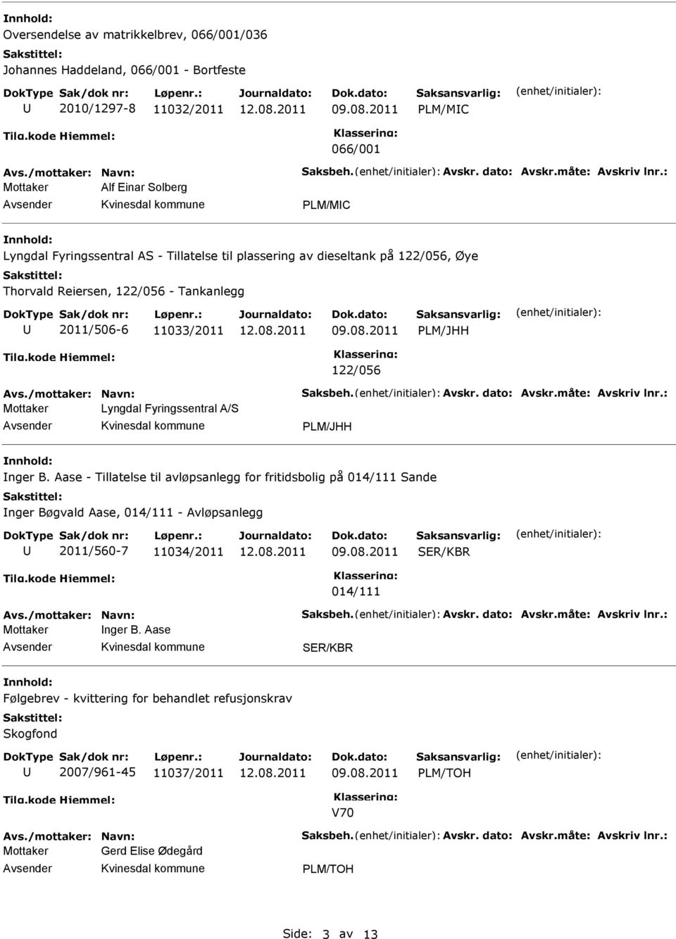 /mottaker: Navn: Saksbeh. Avskr. dato: Avskr.måte: Avskriv lnr.: Lyngdal Fyringssentral A/S PLM/JHH nger B.