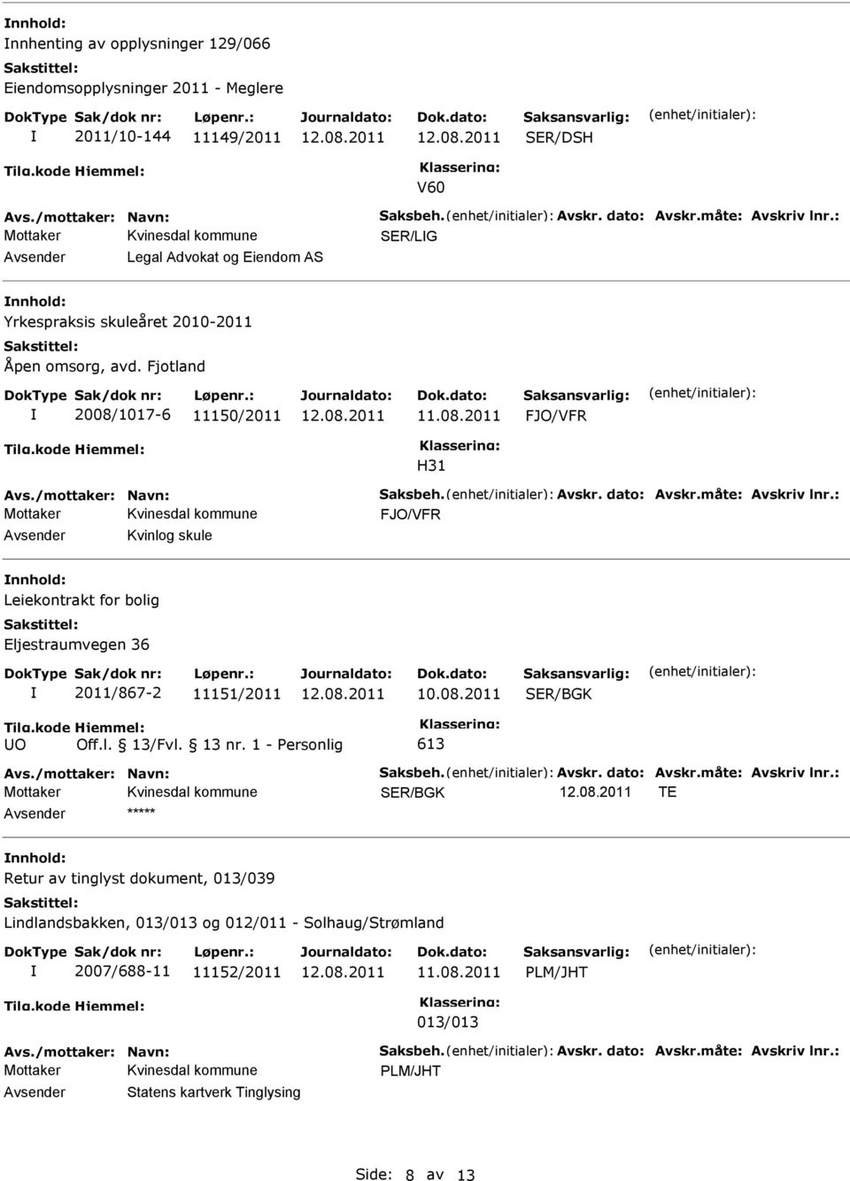 : FJO/VFR Kvinlog skule Leiekontrakt for bolig Eljestraumvegen 36 2011/867-2 11151/2011 10.08.2011 SER/BGK O Off.l. 13/Fvl. 13 nr. 1 - Personlig 613 Avs./mottaker: Navn: Saksbeh. Avskr. dato: Avskr.