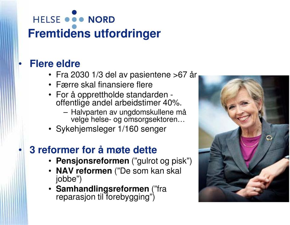 Halvparten av ungdomskullene må velge helse- og omsorgsektoren Sykehjemsleger 1/160 senger 3 reformer