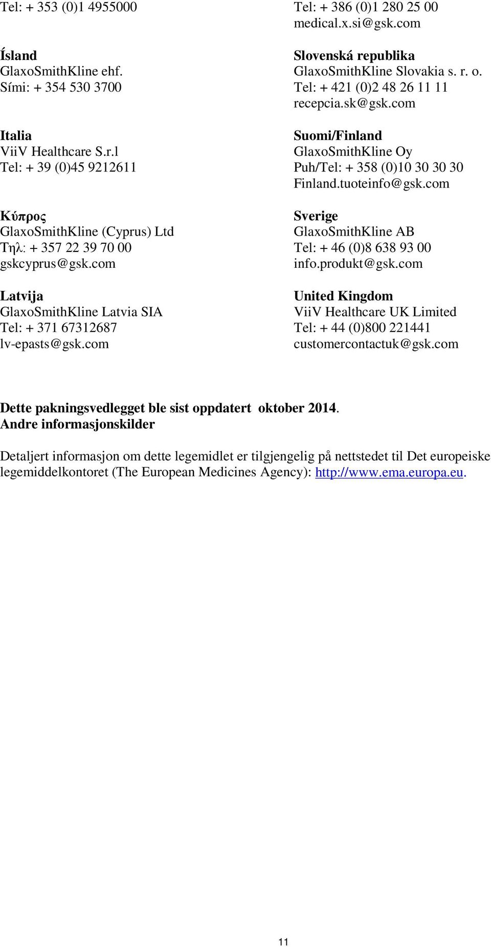 com Slovenská republika GlaxoSmithKline Slovakia s. r. o. Tel: + 421 (0)2 48 26 11 11 recepcia.sk@gsk.com Suomi/Finland GlaxoSmithKline Oy Puh/Tel: + 358 (0)10 30 30 30 Finland.tuoteinfo@gsk.