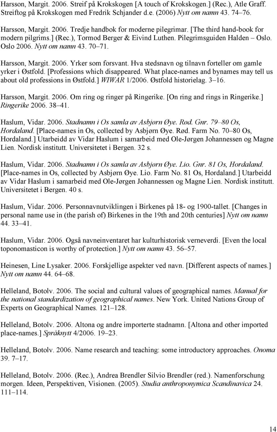 Hva stedsnavn og tilnavn forteller om gamle yrker i Østfold. [Professions which disappeared. What place-names and bynames may tell us about old professions in Østfold.] WIWAR 1/2006.