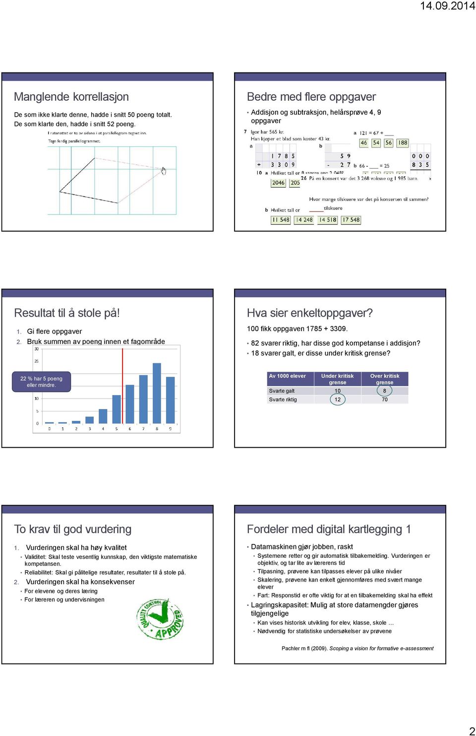 100 fikk oppgaven 1785 + 3309. 82 svarer riktig, har disse god kompetanse i addisjon? 18 svarer galt, er disse under kritisk grense? 22 % har 5 poeng eller mindre.