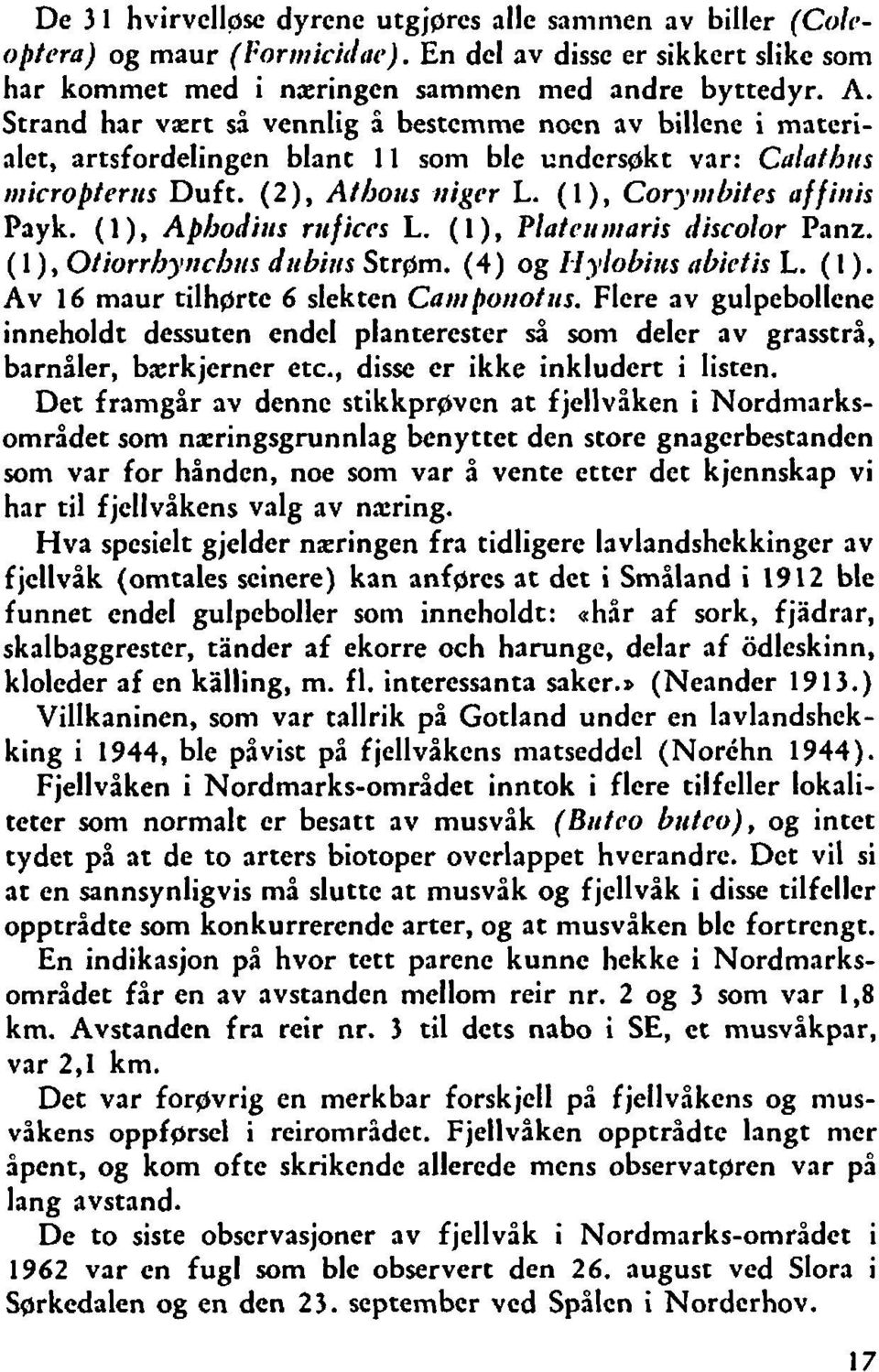 ( 1 ), Coryttrbites af f inis Payk. ( 1 ), Aphodiirs rtificcs L. ( 1 ), Plafrrrrrtaris discolor Panz. ( 1 ), Otiorrh~lnchus dirbirrs Strgm. (4) og flylobiws nbictis L. ( I ).