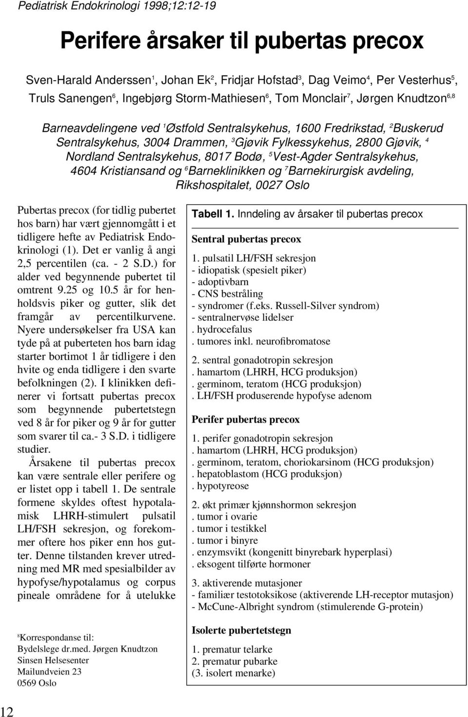 Nordland Sentralsykehus, 8017 Bodø, 5 Vest-Agder Sentralsykehus, 4604 Kristiansand og 6 Barneklinikken og 7 Barnekirurgisk avdeling, Rikshospitalet, 0027 Oslo Pubertas precox (for tidlig pubertet hos