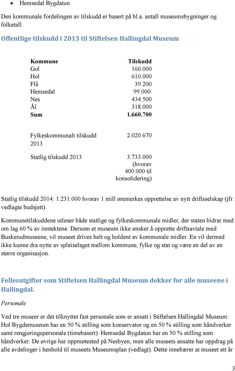 000 til konsolidering) Statlig tilskudd 2014: 1.231.000 hvorav 1 mill øremerkes opprettelse av nytt driftsselskap (jfr. vedlagte budsjett).