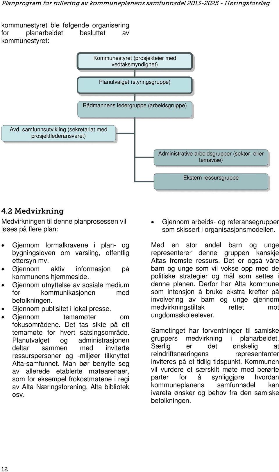 2 Medvirkning Medvirkningen til denne planprosessen vil løses på flere plan: Gjennom formalkravene i plan- og bygningsloven om varsling, offentlig ettersyn mv.