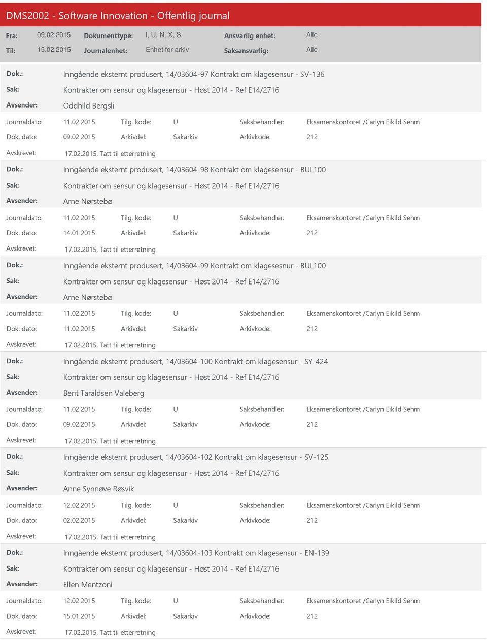 2015 212 Inngående eksternt produsert, 14/03604-100 Kontrakt om klagesensur - SY-424 Berit Taraldsen Valeberg 212 Inngående eksternt produsert, 14/03604-102