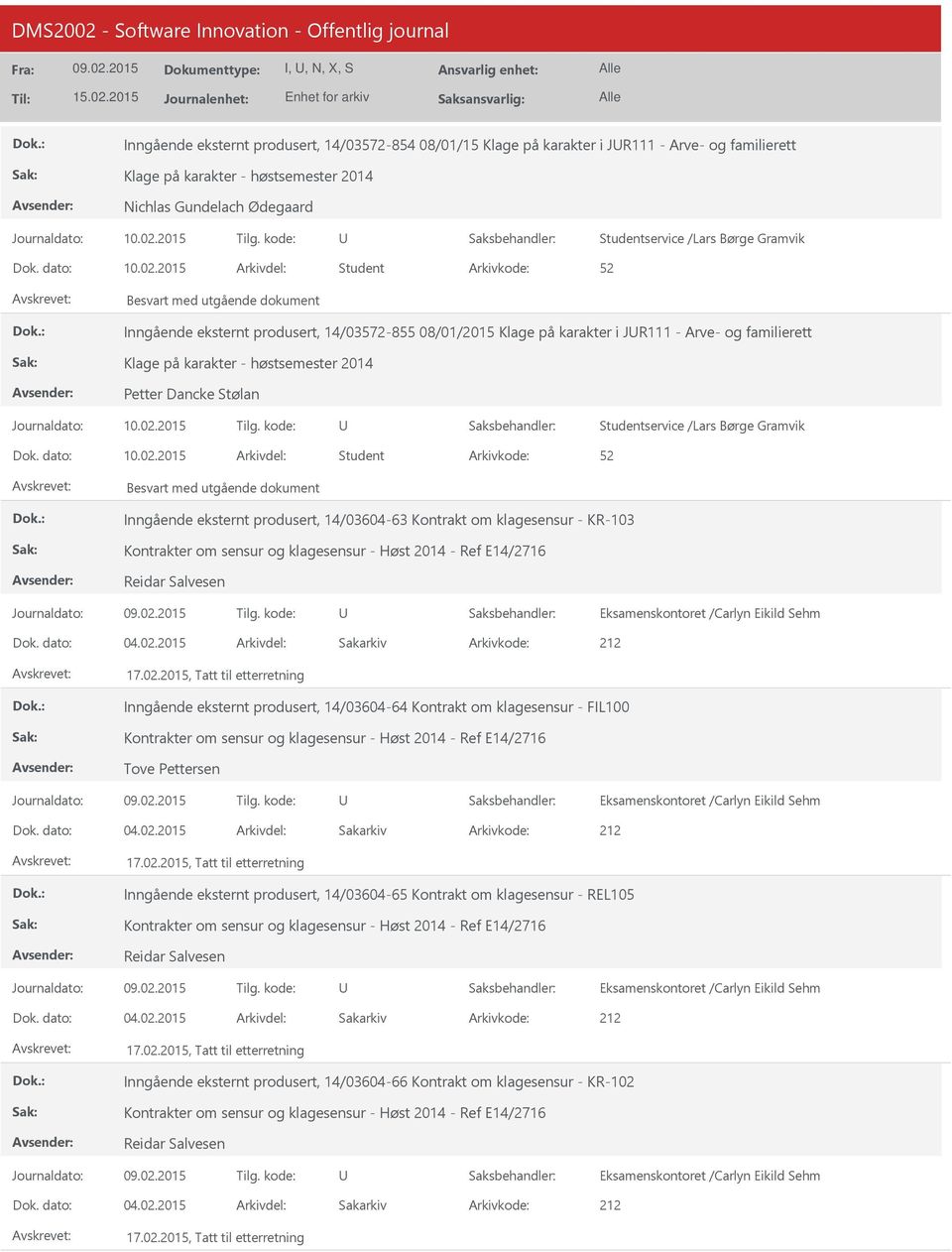 2015 Student Besvart med utgående dokument Inngående eksternt produsert, 14/03572-855 08/01/2015 Klage på karakter i JR111 - Arve- og familierett Klage på karakter - høstsemester 2014 Petter Dancke