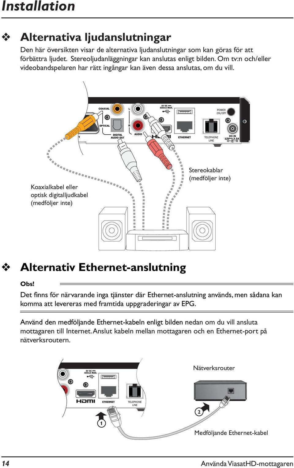 Koaxialkabel eller optisk digitalljudkabel (medföljer inte) Stereokablar (medföljer inte) Alternativ Ethernet-anslutning Obs!