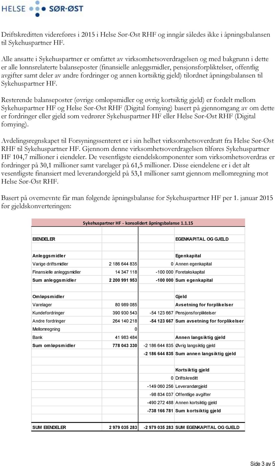 avgifter samt deler av andre fordringer og annen kortsiktig gjeld) tilordnet åpningsbalansen til Sykehuspartner HF.