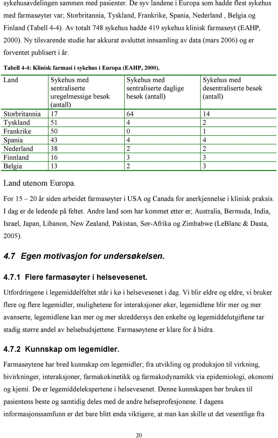 Tabell 4-4: Klinisk farmasi i sykehus i Europa (EAHP, 2000).