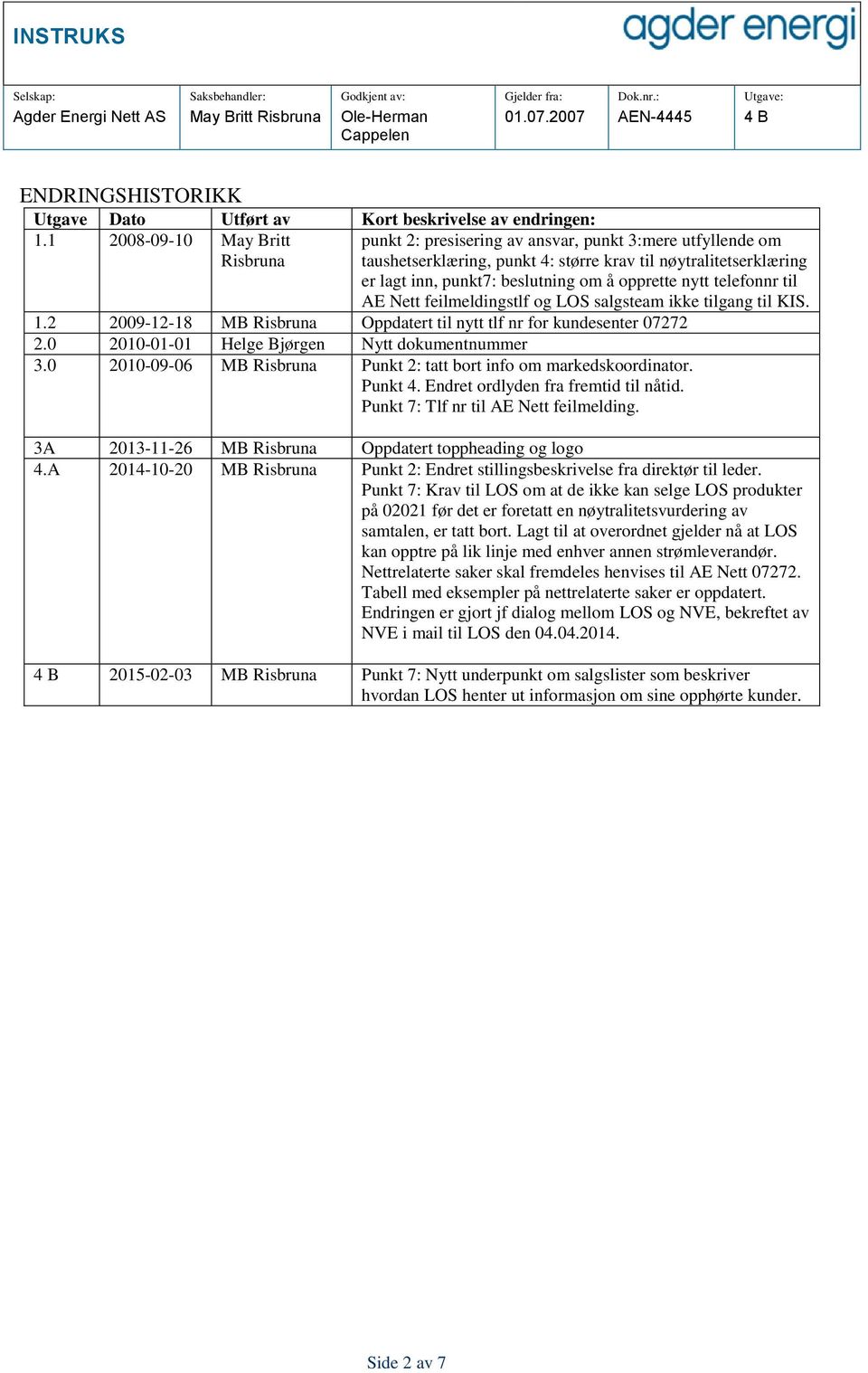 opprette nytt telefonnr til AE Nett feilmeldingstlf og LOS salgsteam ikke tilgang til KIS. 1.2 2009-12-18 MB Risbruna Oppdatert til nytt tlf nr for kundesenter 07272 2.