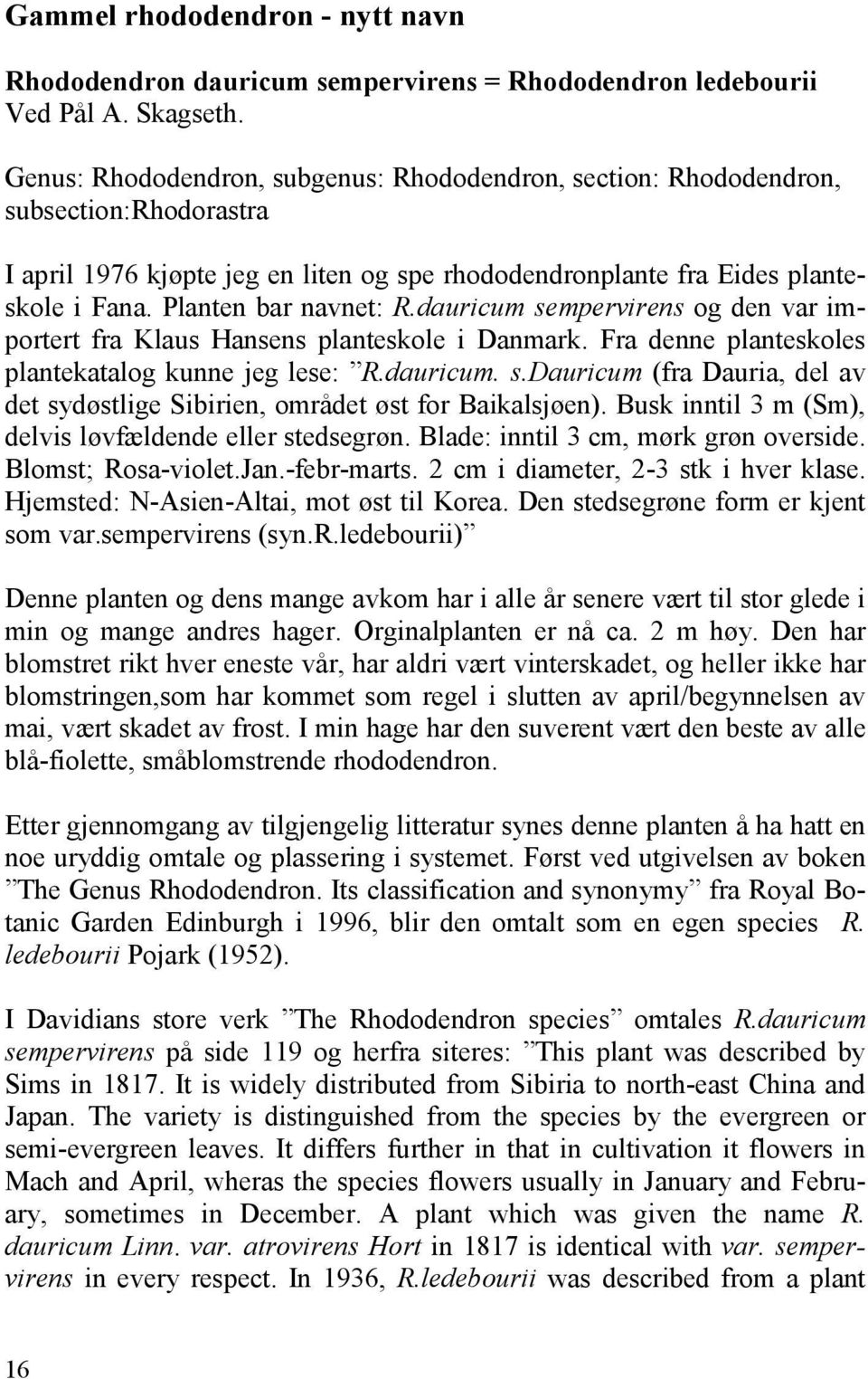 Planten bar navnet: R.dauricum sempervirens og den var importert fra Klaus Hansens planteskole i Danmark. Fra denne planteskoles plantekatalog kunne jeg lese: R.dauricum. s.dauricum (fra Dauria, del av det sydøstlige Sibirien, området øst for Baikalsjøen).