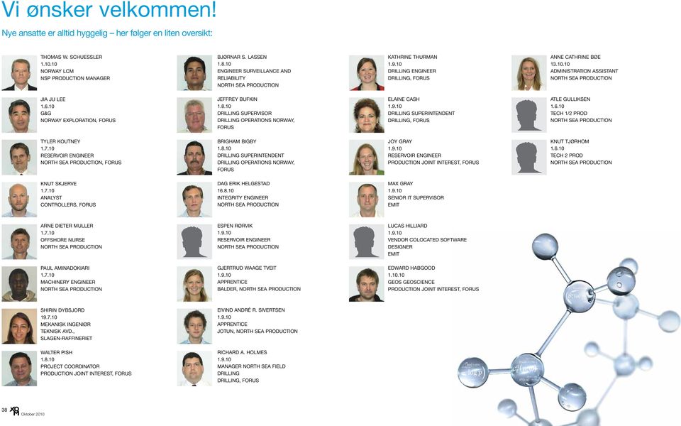 6.10 G&G Norway Exploration, Forus JEFFREY BUFKIN 1.8.10 Drilling Supervisor Drilling Operations Norway, Forus ELAINE CASH 1.9.10 Drilling Superintendent Drilling, Forus ATLE GULLIKSEN 1.6.10 Tech 1/2 Prod North Sea Production TYLER KOUTNEY 1.