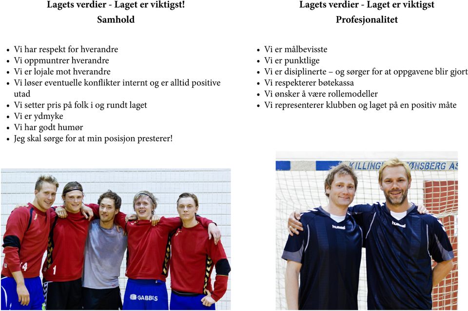 Vi løser eventuelle konflikter internt og er alltid positive utad Vi setter pris på folk i og rundt laget Vi er ydmyke Vi har godt humør