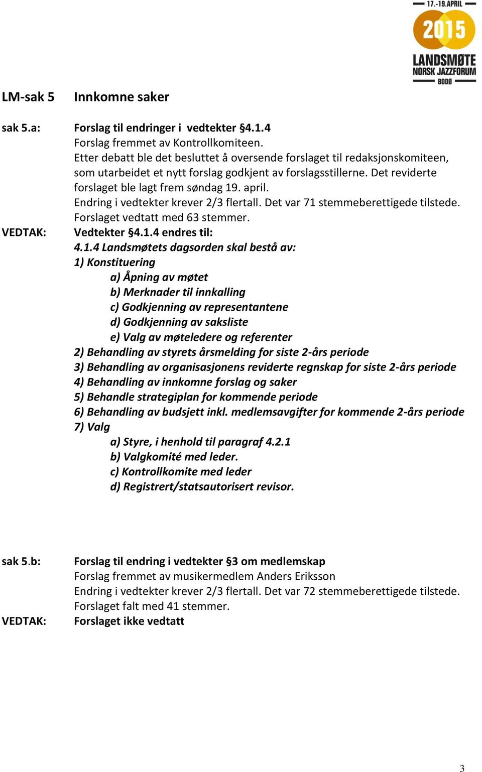 Endring i vedtekter krever 2/3 flertall. Det var 71 