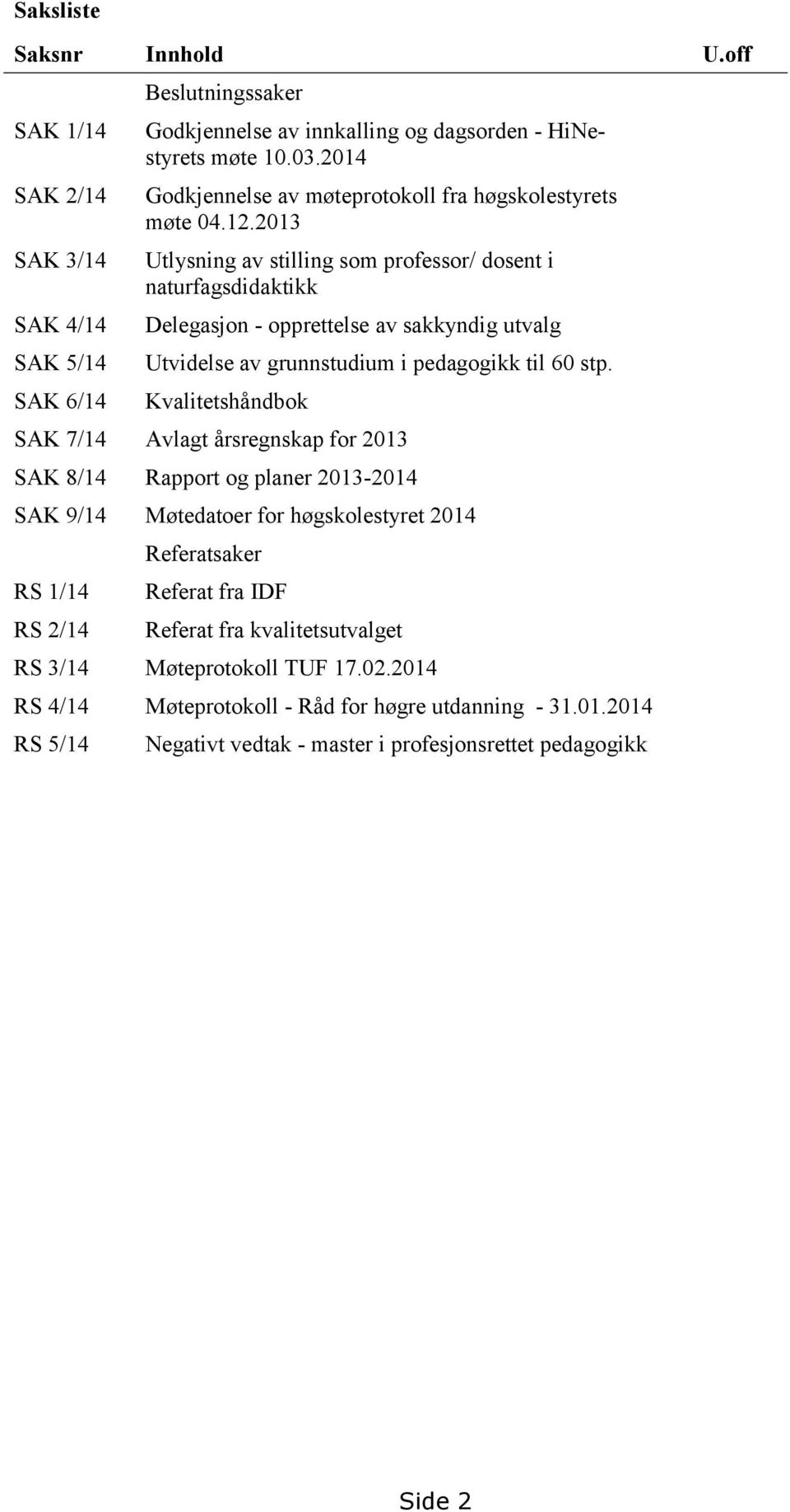 2013 Utlysning av stilling som professor/ dosent i naturfagsdidaktikk Delegasjon - opprettelse av sakkyndig utvalg Utvidelse av grunnstudium i pedagogikk til 60 stp.