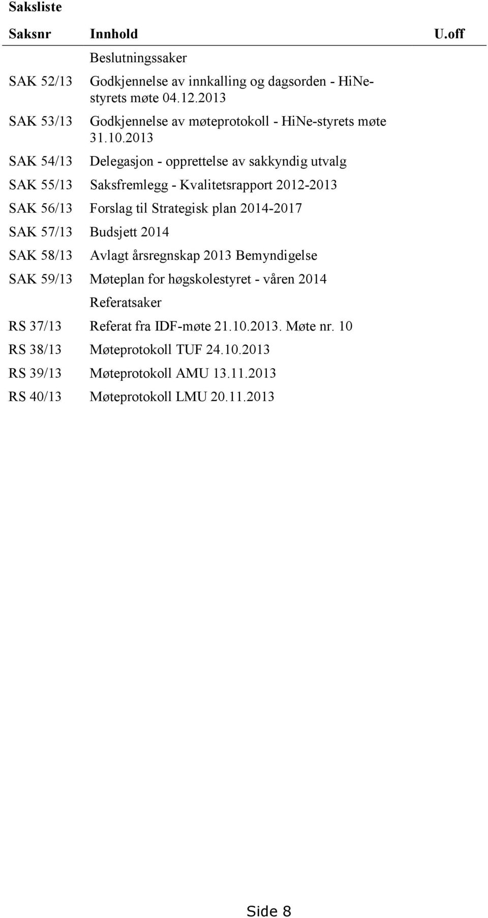 2013 Delegasjon - opprettelse av sakkyndig utvalg SAK 55/13 Saksfremlegg - Kvalitetsrapport 2012-2013 SAK 56/13 Forslag til Strategisk plan 2014-2017 SAK 57/13