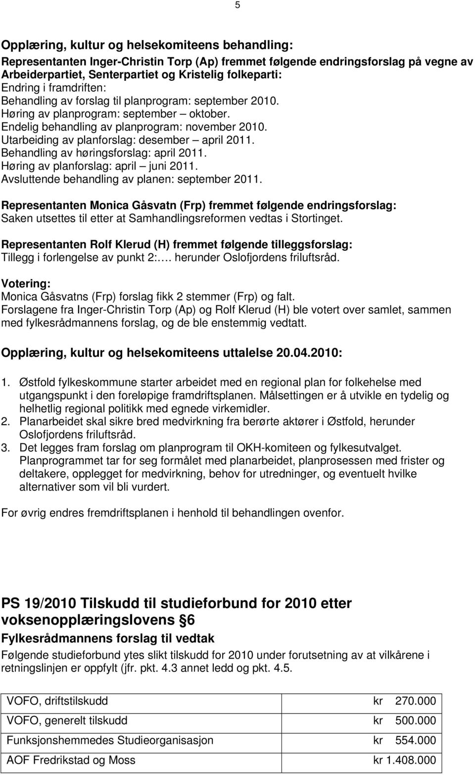 Behandling av høringsforslag: april 2011. Høring av planforslag: april juni 2011. Avsluttende behandling av planen: september 2011.