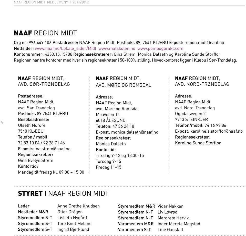 15708 Regionssekretærer: Gina Strøm, Monica Dalseth og Karoline Sunde Storflor Regionen har tre kontorer med hver sin regionsekretær i 50-100% stilling. Hovedkontoret ligger i Klæbu i Sør-Trøndelag.