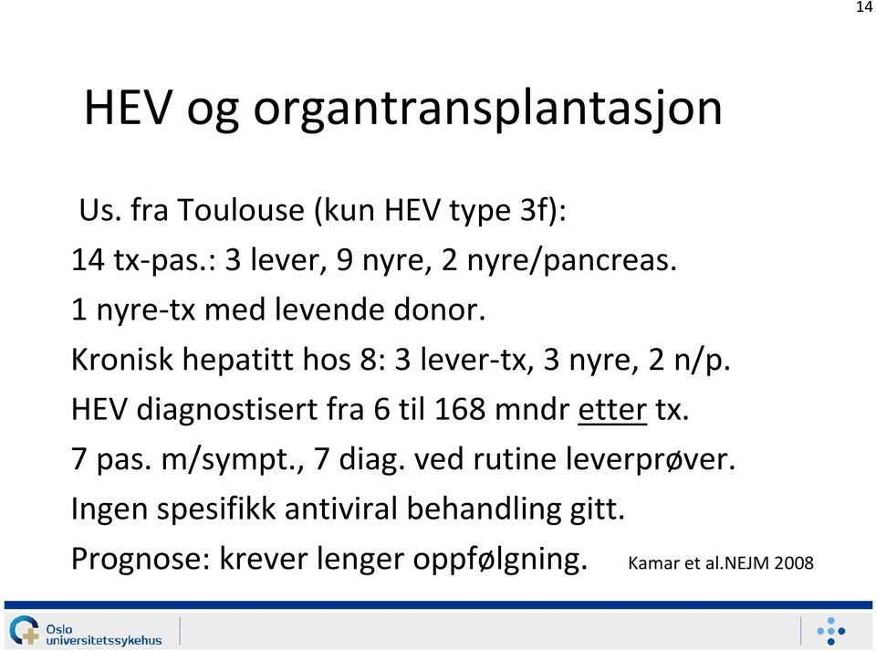 Kronisk hepatitt hos 8: 3 lever-tx, 3 nyre, 2 n/p. HEV diagnostisert fra 6 til 168 mndrettertx.