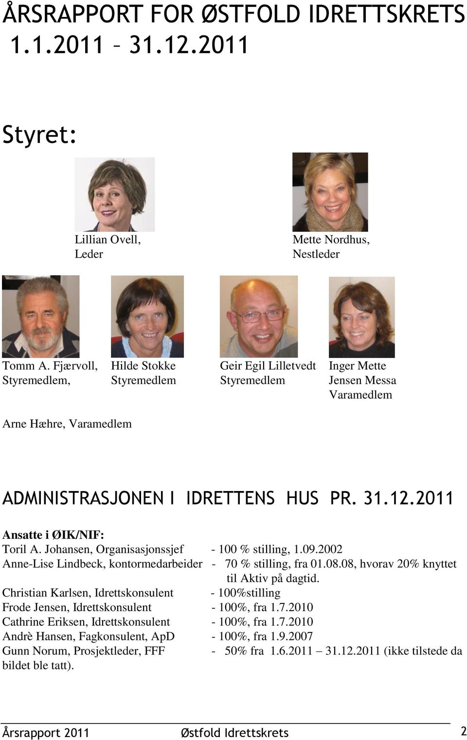 2011 Ansatte i ØIK/NIF: Toril A. Johansen, Organisasjonssjef - 100 % stilling, 1.09.2002 Anne-Lise Lindbeck, kontormedarbeider - 70 % stilling, fra 01.08.08, hvorav 20% knyttet til Aktiv på dagtid.