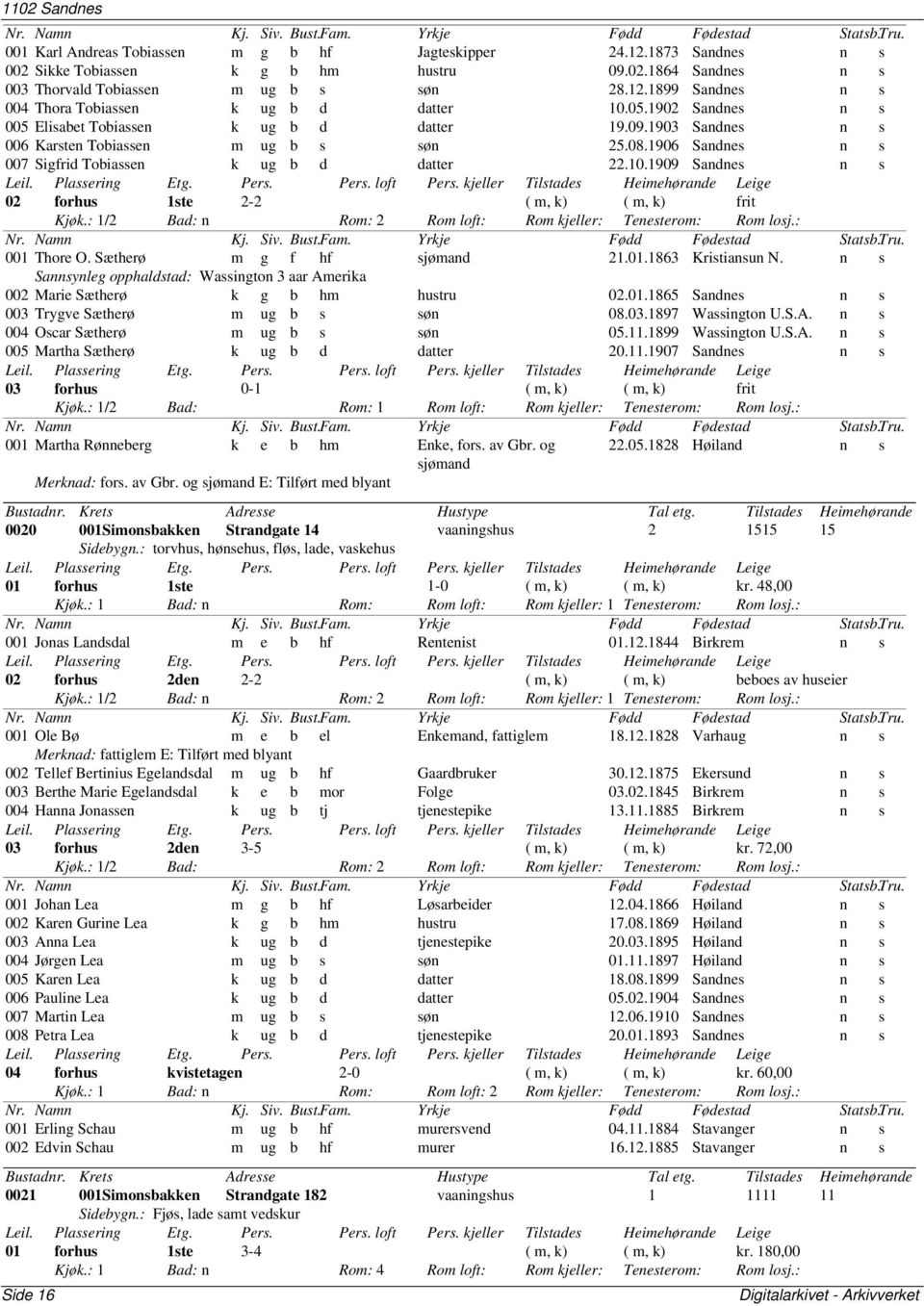 1909 Sandnes n s 02 forhus 1ste 2-2 ( m, k) ( m, k) frit Kjøk.: 1/2 Bad: n Rom: 2 Rom loft: Rom kjeller: Tenesterom: Rom losj.: 001 Thore O. Sætherø m g f hf sjømand 21.01.1863 Kristiansun N.