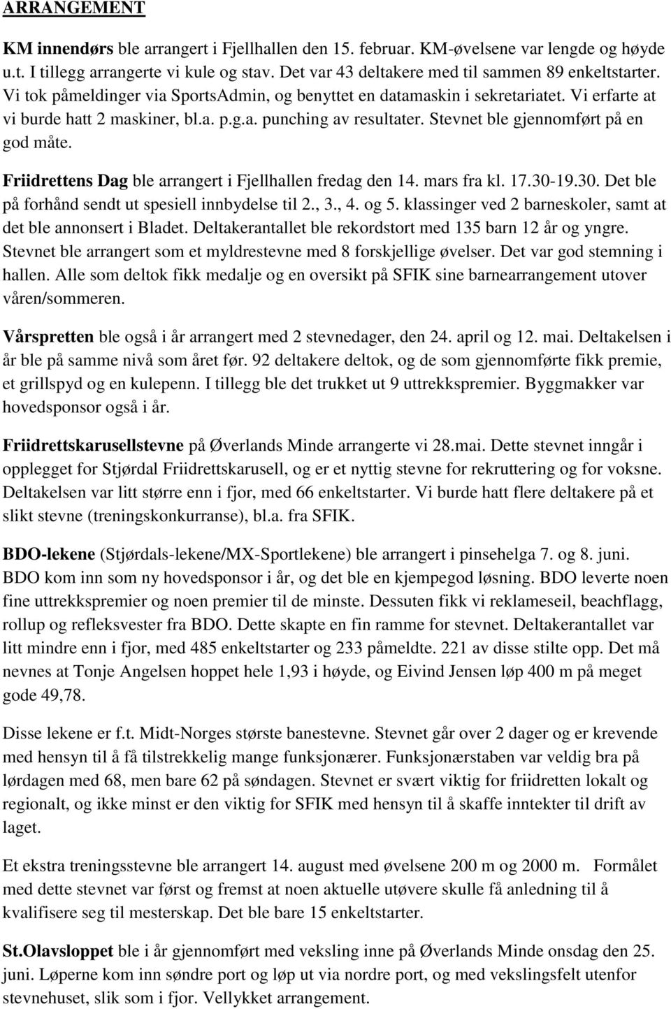 Friidrettens Dag ble arrangert i Fjellhallen fredag den 14. mars fra kl. 17.30-19.30. Det ble på forhånd sendt ut spesiell innbydelse til 2., 3., 4. og 5.