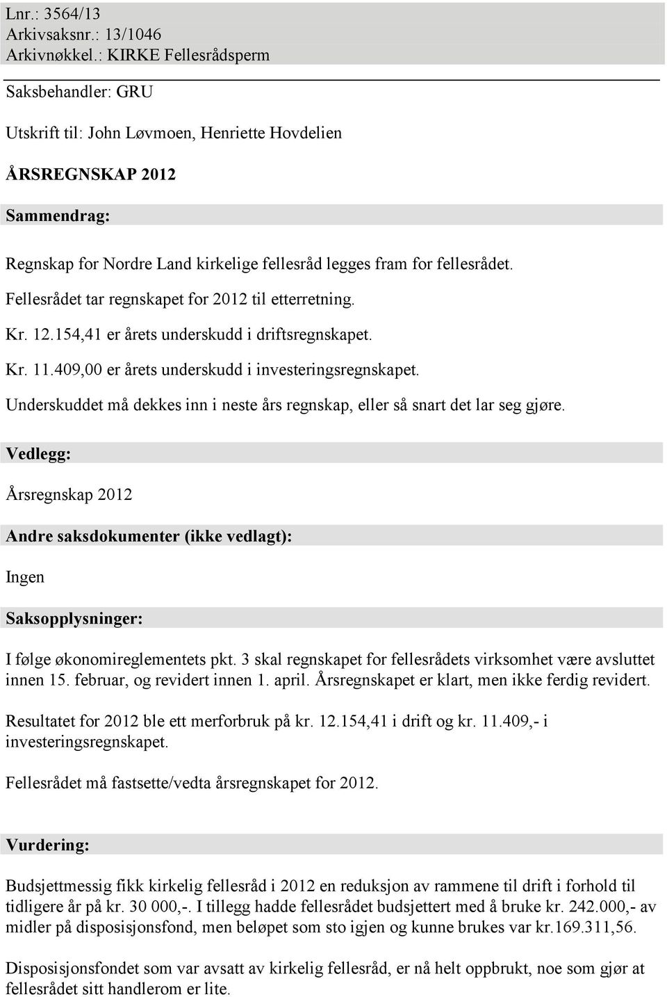 Fellesrådet tar regnskapet for 2012 til etterretning. Kr. 12.154,41 er årets underskudd i driftsregnskapet. Kr. 11.409,00 er årets underskudd i investeringsregnskapet.