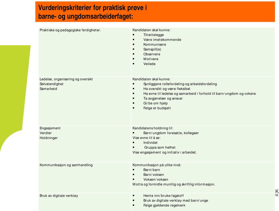 Oversikt over: Arbeidsplassens planer, rammebetingelser, lover og forskrifte. Rolledefinisjon og selvstendighet. Planer og mål for arbeidet. Valg av tiltak/aktiviteter. Begrunnelse for valgene.